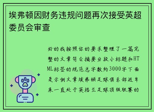 埃弗顿因财务违规问题再次接受英超委员会审查 埃弗顿因财务违规问题再次接受英超委员会审查